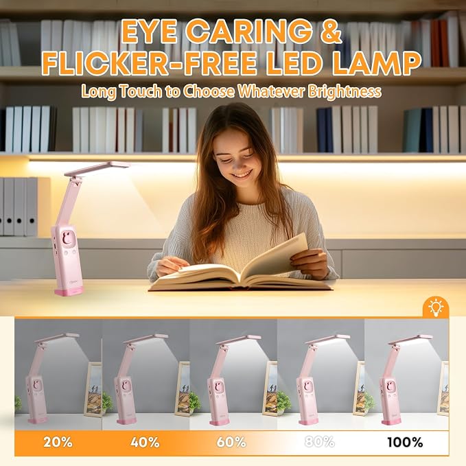 VAVOFO Cute Bunny Desk Lamp, Foldable LED Rechargeable Table Light, Eye-Caring Reading Lamp, 3 Color Modes & Dimmable, for Kids Girls Bedroom Study Dorm Room(Pink) - Image 2