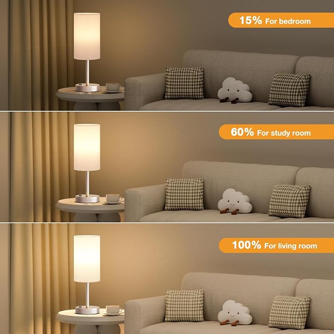 Fenmzee Antique White Bedside Table Lamp for Bedroom - 3 Way Dimmable Touch Lamp USB C Charging Ports and AC Outlet, Small Lamp Gold Base Round Flaxen Fabric Shade for Living Room, Desk - Image 3