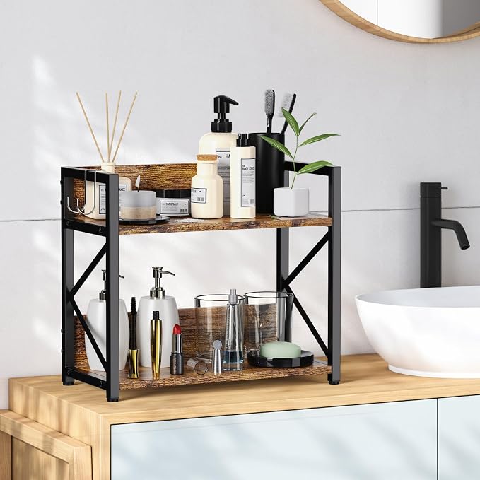 RUILALIFE 2 Tier Kitchen Counter Shelf Organizer, Coffee Bar Station Organizer for Countertop，Space Saving Spice Rack, Desk Shelf Riser, Coffee Bar Accessories(Rustic Brown, Medium) - Image 4
