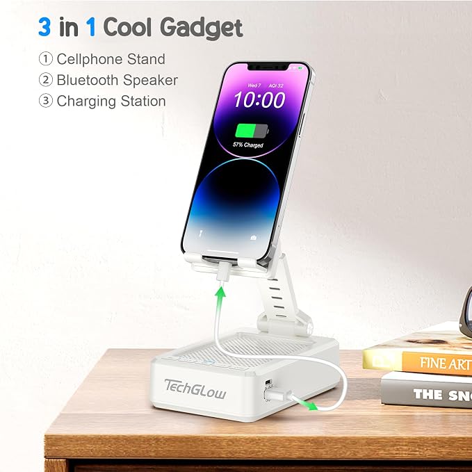 TechGlow Foldable Cellphone Stand with Bluetooth Speaker and Charging Function Birthday Gifts for Men Women Mother Father Brother Sister Teens Cool Tech Gadgets-White - Image 2
