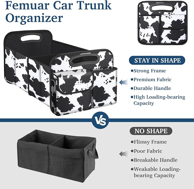 Femuar Car Trunk Organizer, Cow Print, Vintage Style, 52L Capacity, 4 Compartments, Waterproof, Non-Slip, Collapsible, 22.5"D x 18"W x 10.8"H - Image 3