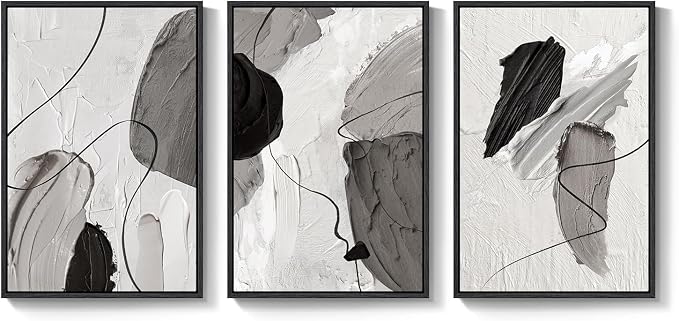 Large Framed Modern Abstract Wall Art for Living Room, 3 Piece Black White Gray Canvas Prints Paintings Artwork for Walls, Minimalist Abstract Pictures for Hallway, Stair, Office Wall Decor 24x36 In - Image 9
