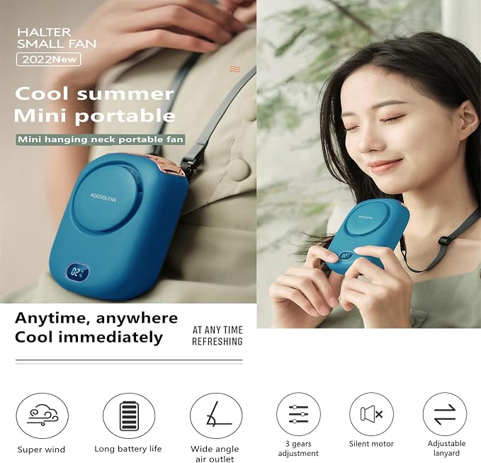 AOCOOLFAN Portable Neck Fan, Mini Small Personal Handheld Fan USB Rechargeable 3 Speed for Girls Boys Woman Eyelash Travel Home Office Outdoor (Blue) - Image 2