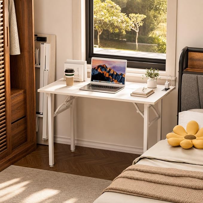 Folding Table Computer Desk - 43.3" No Assembly Folding Desk with Power Outlets & USB Charging Port, Small Desk, Foldable Office Desk, Compact Storage Portable Use for Small Space, White Ash - Image 2