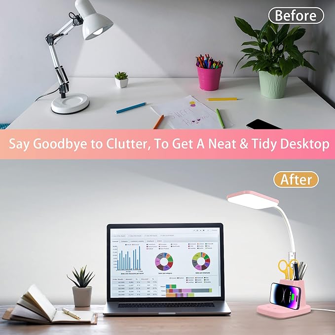 LED Desk Lamp with 10W Wireless Charging & Pen Holder, Pink | CRI 95, 800LM, Stepless Dimming, 3 Modes, 360°Flexible Arm, Touch, Study Table Lamp for Home Office, Dorm Room, with Adapter - Image 5