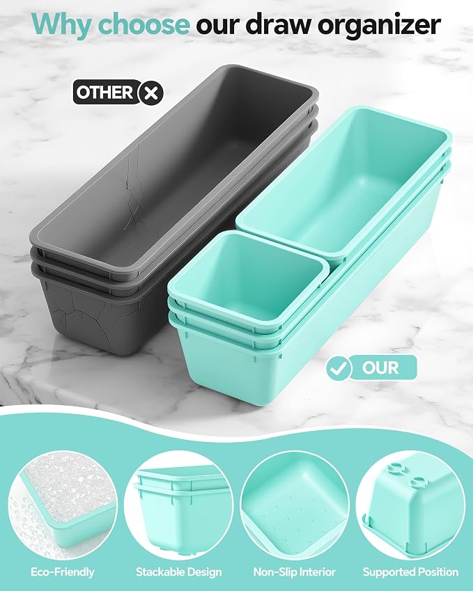 Canfanni 13 Pack Plastic Drawer Organizers Set, 3 Sizes Desk Drawer Organizer Trays for Vanity and Makeup Organizer, Organization and Storage for Makeup, Kitchen Utensils, Bathroom and Office(Blue) - Image 3