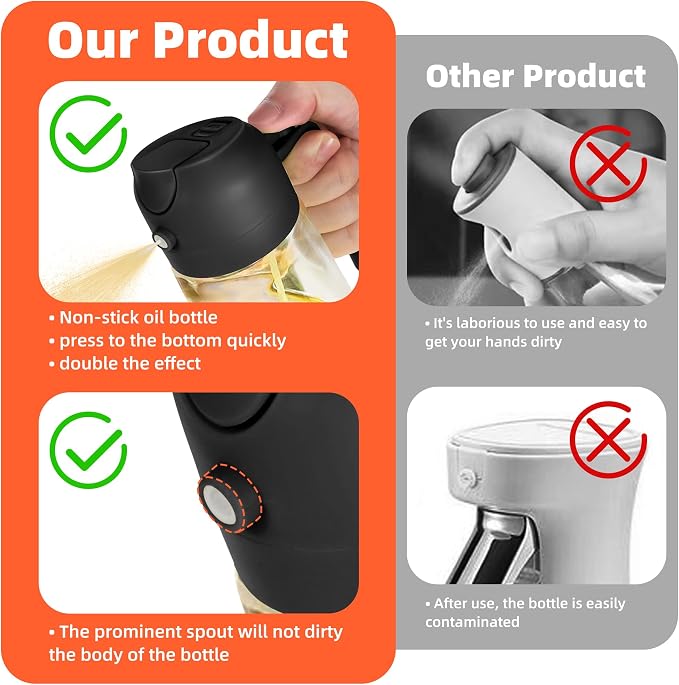 TrendPlain 16oz/470ml Glass Olive Oil Sprayer for Cooking – 2 in 1 Olive Oil Dispenser Bottle for Kitchen Gadgets and Air Fryer Accessories, Salad, BBQ - 2 Black - Image 7