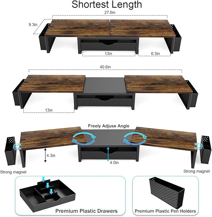gianotter Dual Monitor Stand Riser, Desk Organizer With Drawer and 2 Pen Holders,Computer Monitor Stand, Desk Shelf for Top of Desk, Wood - Image 6