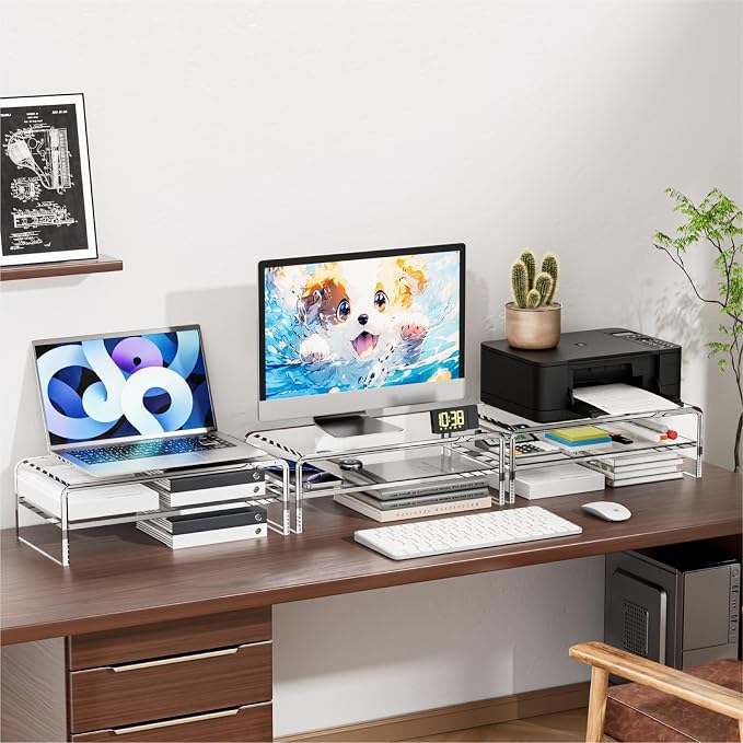 Egchi Acrylic Monitor Stand Riser, 2 Tier Clear Computer Monitor Stand for Home Office Business, PC Desk Stand Monitor Riser for Keyboard Storage, Laptop, Printer and TV Screen -12x7.2x5.12 inches - Image 7