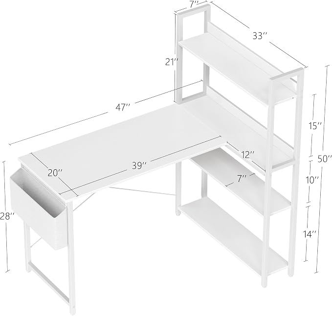 Treesland 47 Inch Computer Desk with Bookshelf, Corner Desk with Storage, L Shaped Desk, Home Office Desks, Writing Study Desk for Bedroom, White - Image 3