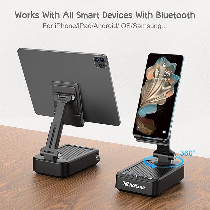TechGlow Foldable Cellphone Stand with Bluetooth Speaker Charging Function 360° Rotatable Phone Stand Birthday Gifts for Men Women Mother Father Cool Tech Gadgets - Image 5