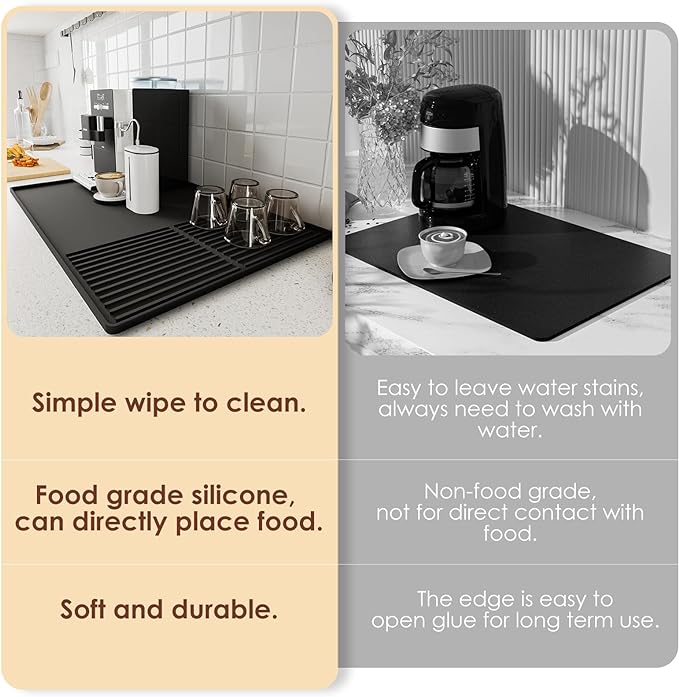 Silicone Coffee Mat with Raised Edges, 20'' X 12'', Bar Mat for Countertops, Accessories Fit Under Coffee Maker Espresso Machine, Dish Drying Mat (BLACK) - Image 6