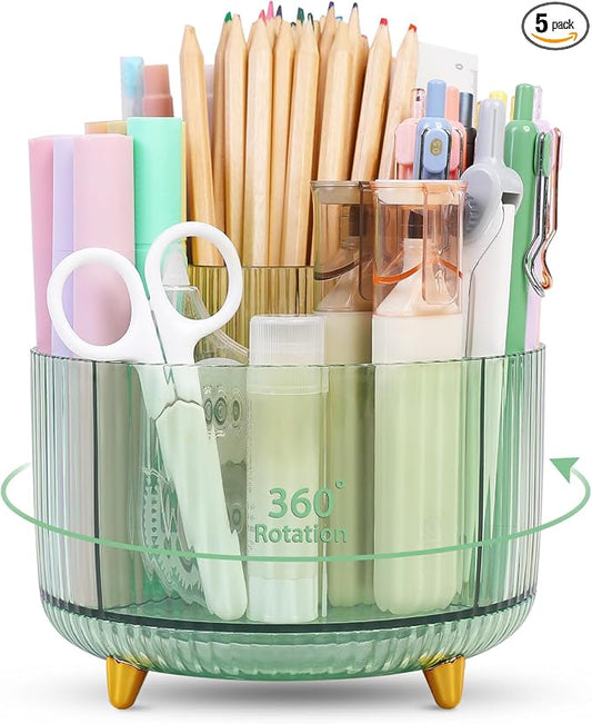 SKYDUE Rotating Pencil Pen Holder, Pen Organizer with 5 Slots - Aesthetic Desk Organizer and Accessories for School, Home, Office Supplies, Clear Green by SKYDUE