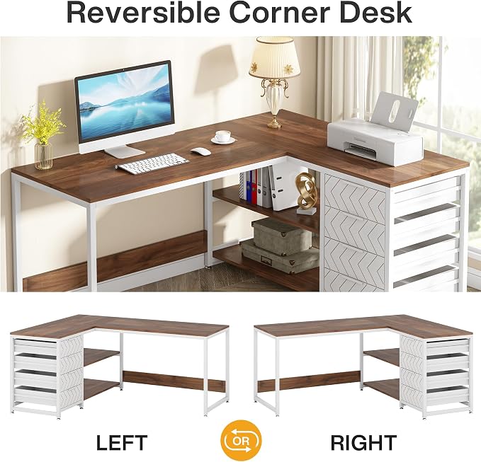 Tribesigns L Shaped Computer Desk with Storage Drawers, 59 inch Corner Desk with Shelves, Reversible L-Shaped Office Desk Study Writing Table Workstation for Home Office, Walnut & White - Image 6