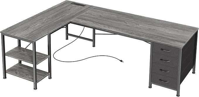 Huuger 55 Inch L Shaped Desk with Fabric Drawers, Reversible Computer Gaming Desk with Power Outlets and USB-C Port, Adjustable Side Storage Shelves, for Work Study Corner Home Office, Grey,1CD078H by Huuger