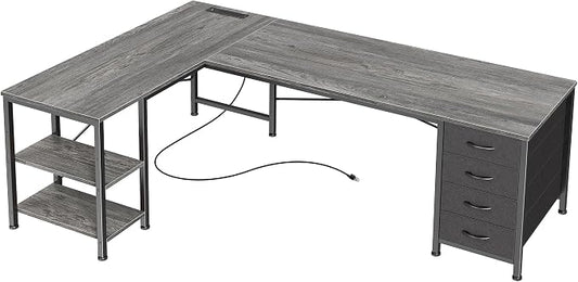 Huuger 55 Inch L Shaped Desk with Fabric Drawers, Reversible Computer Gaming Desk with Power Outlets and USB-C Port, Adjustable Side Storage Shelves, for Work Study Corner Home Office, Grey,1CD078H by Huuger