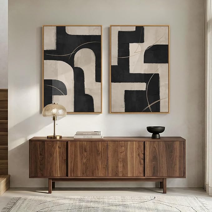 Large Framed Modern Neutral Abstract Wall Art, Set of 2 Minimalist Black and Beige Canvas Prints Paintings Artwork for Walls, Geometric Pictures for Living Room Hallway Bedroom Wall Decor 24x36 In - Image 2