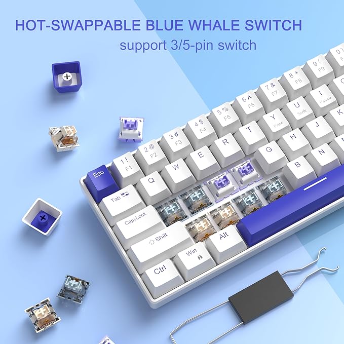 MageGee Portable 60% Mechanical Gaming Keyboard, RGB Backlit Compact 68 Keys Wired Mini Keyboard for Laptop PC Mac, Hot Swappable, Blue Whale Switch - White - Image 2