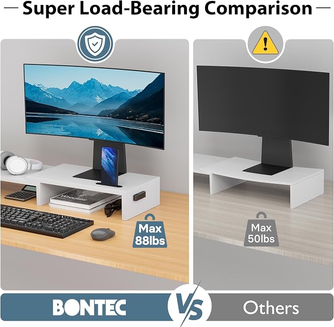 BONTEC Dual Monitor Stand Riser with Smartphone Holder, Adjustable Length & Swivel Angle, Ergonomic Wooden Desktop Organizer for PC Monitor, Laptop, Printer, Large Storage, 42.5 in, White - Image 5