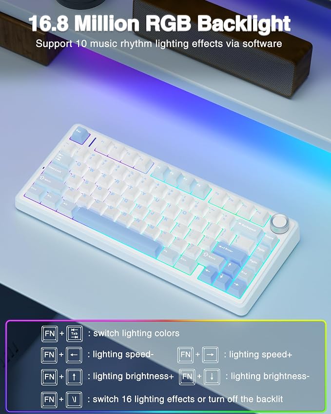 AULA F75 75% Wireless Mechanical Keyboard, Hot Swappable Creamy Keyboard, Pre-lubed Greywood Switches RGB Backlit Gaming Keyboards, 2.4GHz/Type-C/BT5.0(Salt White Blue) - Image 4