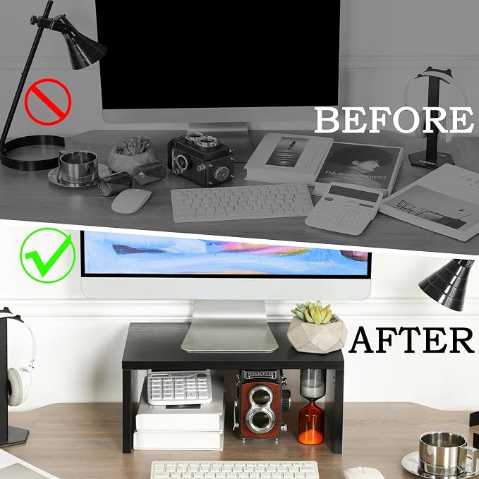 TEAMIX 6.7 inch Tall Monitor Stand Riser, Wood Shelf Riser, Desk Organizer | Laptop/Printer/Computer Stand, Extra Storage Underneath, Minimalist, Modern Design, Smooth Black Finish, for Home Office - Image 7