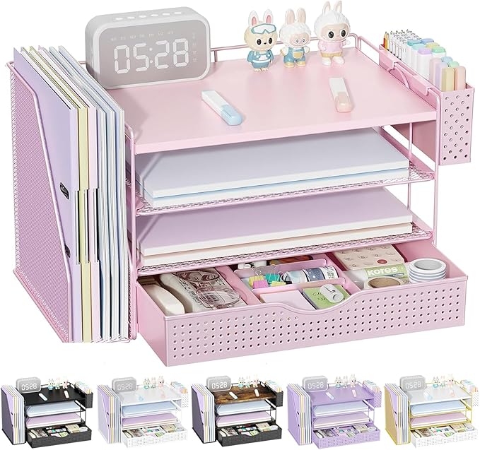 gianotter Wood Desk Organizers and Accessories with File Holder, 4-Tier Desk Accessories & Workspace Organizers with Drawer and Pen Holder, Desk Reference Organizer (Pink, 4T with Drawer) by gianotter