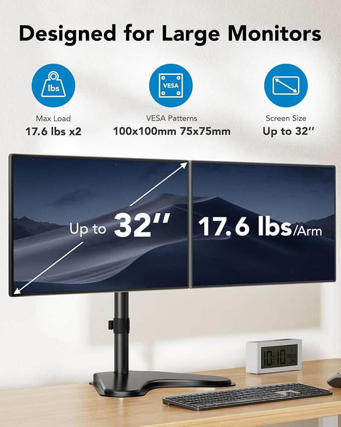HUANUO 32 inches Dual Monitor Stand up to 17.6lbs per Arm, High-Grade Aluminum Free Standing Dual Monitors Mount for 2 Screens. Fully Adjustable Dual Monitor Stand for Desk with Tilt, Swivel, Rotation - Image 2