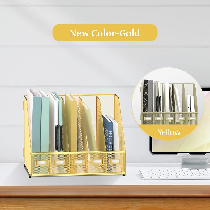 SUPEASY Desk Organizers Metal Desk Magazine File Holder with 5 Vertical Compartments Rack File Organizer for Office Desktop, Classroom, Home Workspace, Gold - Image 5