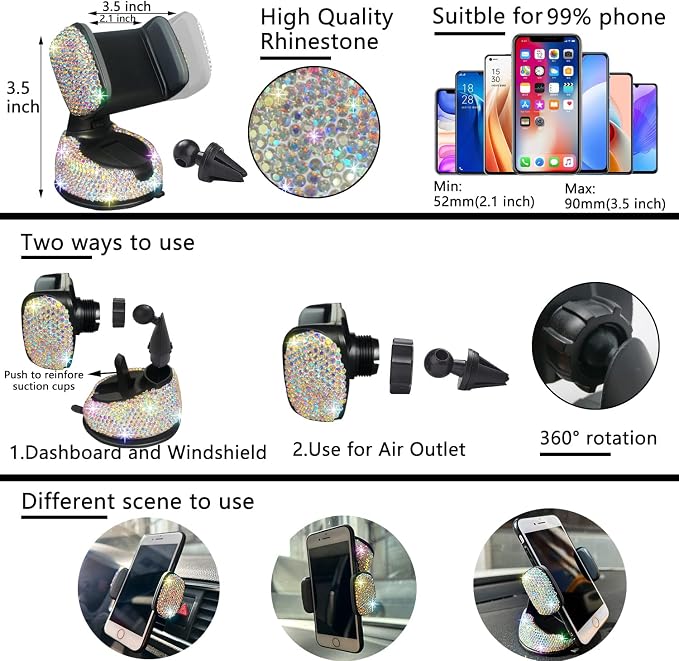 NBTEPEM 27 PCs Multicolor Bling Car Accessories Set for Women, Steering Wheel Covers Universal Fit 15 Inch, Bling License Plate Frame, Bling Phone Holder, Bling Car Coasters - Image 4