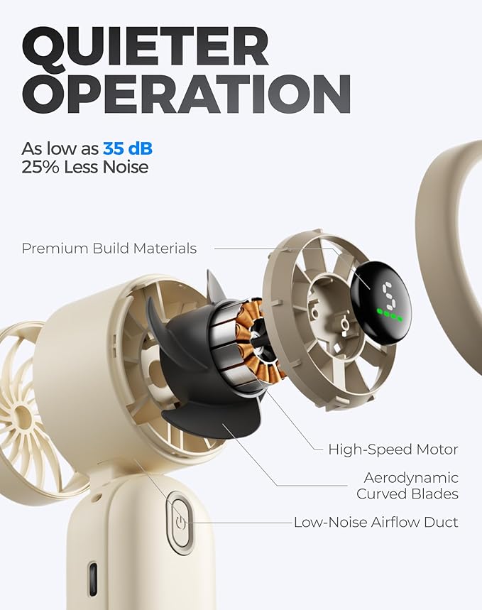 Diveblues Mini Handheld Fan, 30ft/s Portable Turbo Fan [12H Max Cooling], 4000mAh Personal Fan with LED Display, 3-in-1 Hand Held/Neck/Desk Fan for Travel, Cruise, Disney Essentials - Image 3
