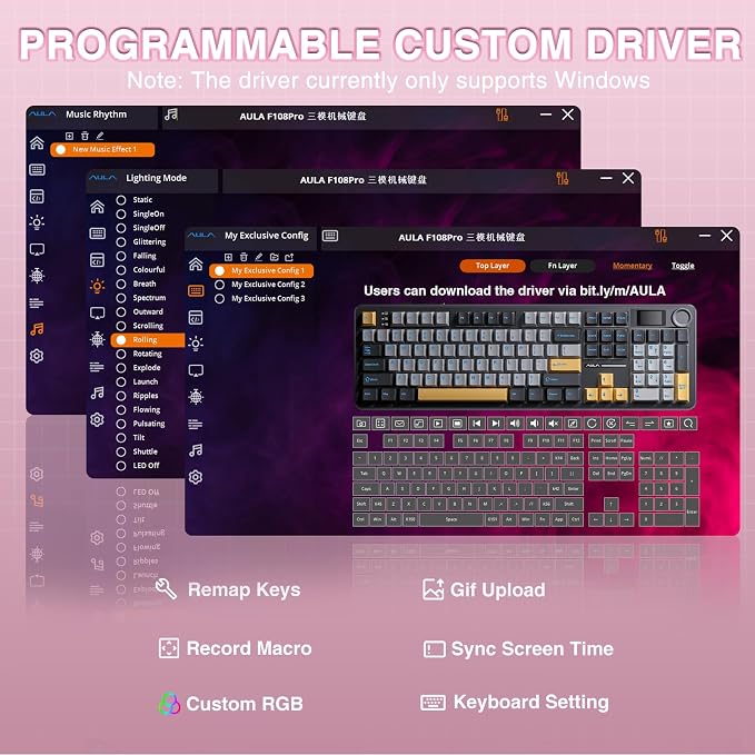 AULA F108 PRO - Wireless Mechanical Keyboard with Screen & Knob,Full Size Keyboard with 8000mAh Battery,Pre-lubed Switches,Side Printed PBT Keycaps,RGB Backlit Hot Swappable Custom Pink Keyboards - Image 9