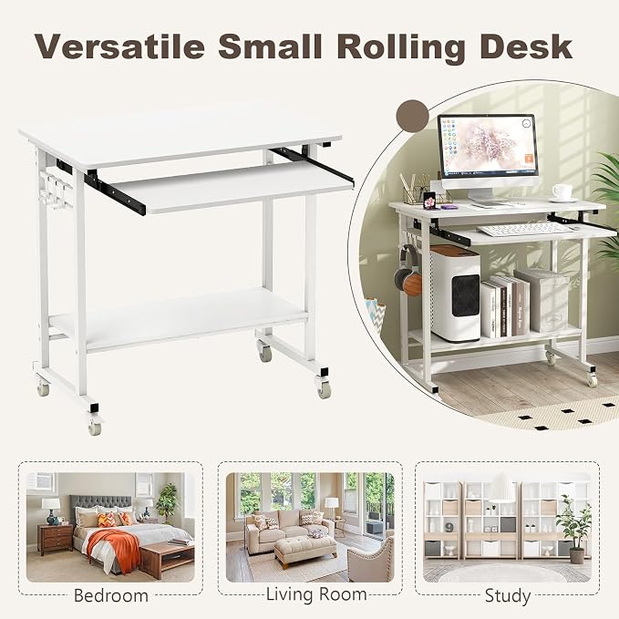 Tangkula Rolling Computer Desk Cart with Keyboard Tray, Mobile Portable Laptop PC Desk with CPU Stand & 3 Hooks for Sofa & Bed, Compact Small Desk on Wheels for Small Spaces (White) - Image 9