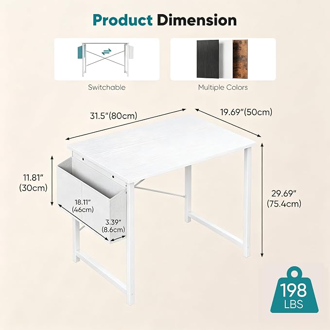 OLIXIS Small Computer Desk, 31 Inch Gaming Desks for Home Office | Writing Study Craft Work Table, Computer Workstation for Bedroom Small Spaces with Storage Bag, All White - Image 3