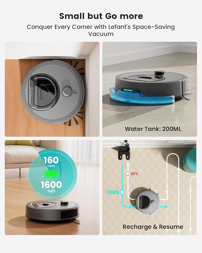 Lefant Robot Vacuum and Mop, Upgraded LiDAR Navigation, 450ml Visible Dustbin, Strong Suction, Multi-Floor Mapping, Self-Charge, WiFi/Alexa/APP, Multi-Surface Cleaning, M330 Pro Grey - Image 9