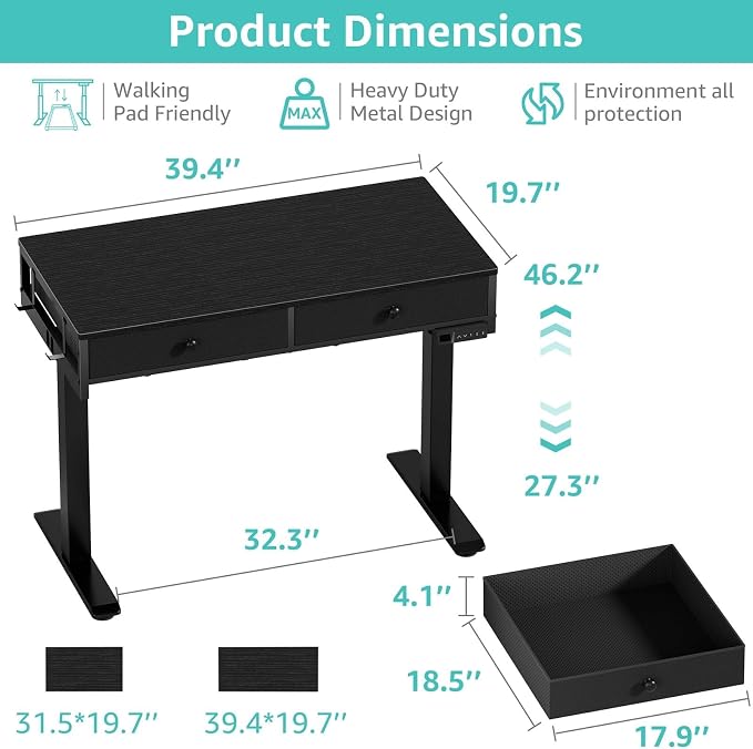 KLUVIS Black Adjustable Desk with Storage, 39 Inch Small Black Desk with Drawers, Small Space Stand Up Computer Desks for Home Office Bedroom, Sit Stand Work Desks for Walking Pad - Image 3