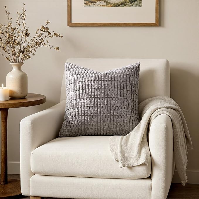MIULEE Pack of 2 Corduroy Decorative Throw Pillow Covers 12x12 Inch Soft Boho Striped Pillow Covers Modern Farmhouse Home Decor for Sofa Living Room Couch Bed Light Grey - Image 4