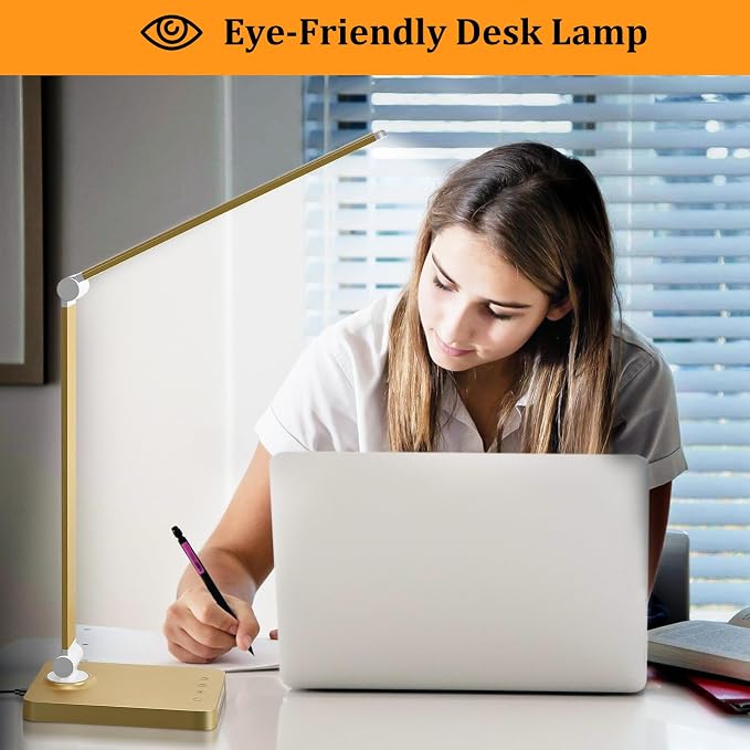 LED Desk Lamp with USB Ports,Touch Desk Lamps for Home Office with 5 Modes | 3 Brightness Desk Light with Small Night Light,Reading Lamp Table Lamp for Bedroom Bedside Study Gold （with adapter） - Image 5