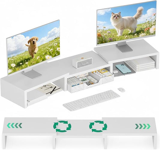 OPNICE Desk Organizer, Dual Computer Monitor Stand Riser with Drawer, Office Desk Accessories & Workspace Organizers, White by OPNICE