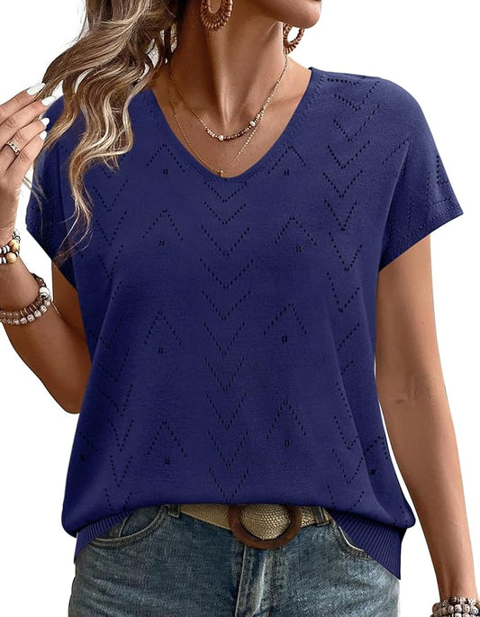 WIHOLL Short Sleeve Sweater for Women V Neck Trendy Cute Tops Business Casual Outfits Cap Sleeve by WIHOLL