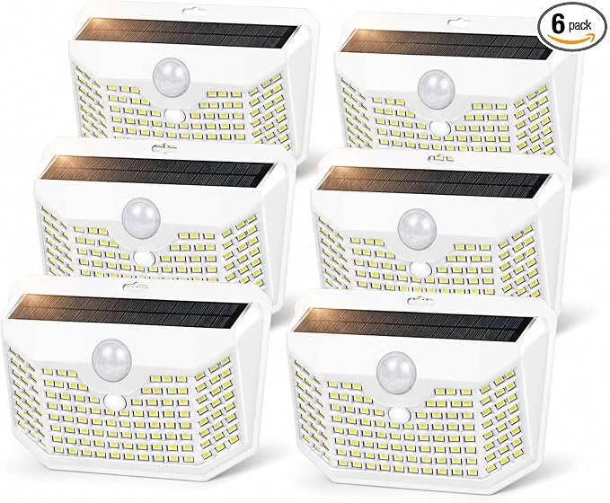 HMCITY 120 LED Solar Lights Outdoor with Motion Sensor and 3 Lighting Modes, IP65 Waterproof Wide Solar Wall Lights Ideal for Garden Patio Yard (Front Button 6Packs, White Shell-Daylight White) by LightingUpYourLife