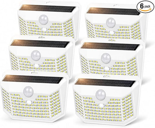 HMCITY 120 LED Solar Lights Outdoor with Motion Sensor and 3 Lighting Modes, IP65 Waterproof Wide Solar Wall Lights Ideal for Garden Patio Yard (Front Button 6Packs, White Shell-Daylight White) by LightingUpYourLife