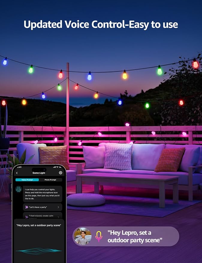 Lepro ZB1 AI Smart Outdoor String Lights APP Control, 100(88+12) ft RGB+IC+Warm White Outdoor Light 30 LED Bulbs, NOT Extendable, Alexa Google Enabled, Music Sync, NO Remote, 2.4 GHz WiFi+Bluetooth - Image 9