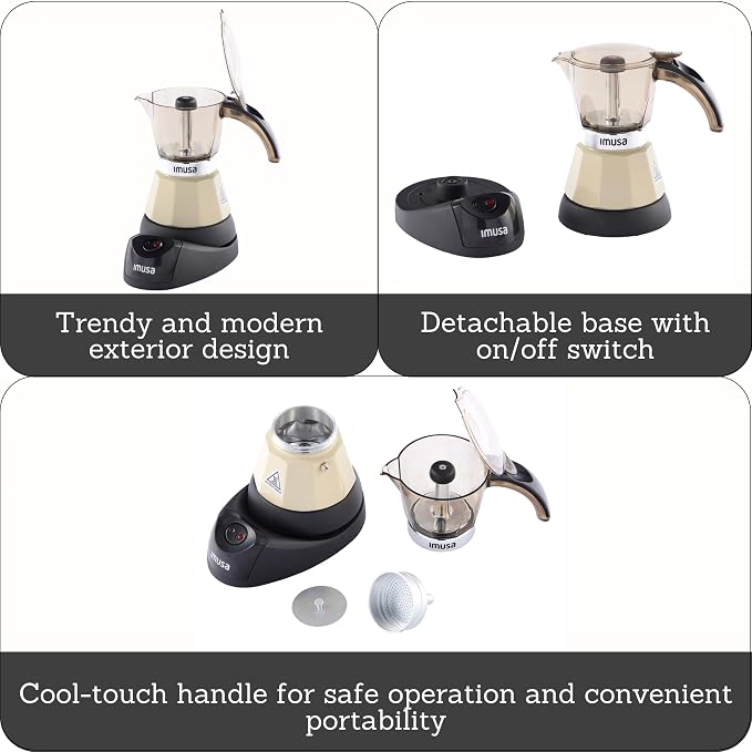 IMUSA 3 or 2 Cup Electric Espresso Maker with Cool-touch Handle, Almond | Bare Aluminum Finish, Keep Warm Function and Detachable Base, Ideal for Cuban and Italian Drinks, Perfect for Home Baristas - Image 2