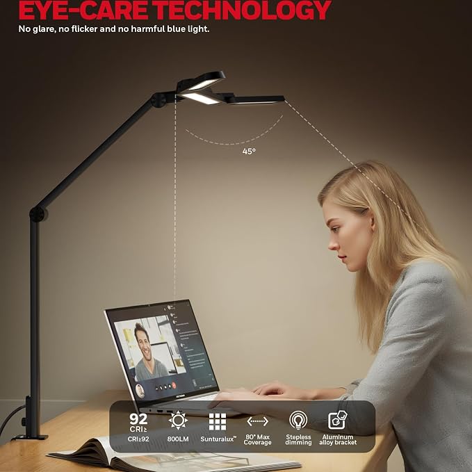 Honeywell Wide Desk Lamp with Clamp for Dual Monitors, 22W Full-Spectrum Eye-Caring LED Desk Lamp for Home Office, 3-Section Adjustable Architect Light for Large Desk, Stepless Dimming, 3000K-5700K - Image 3