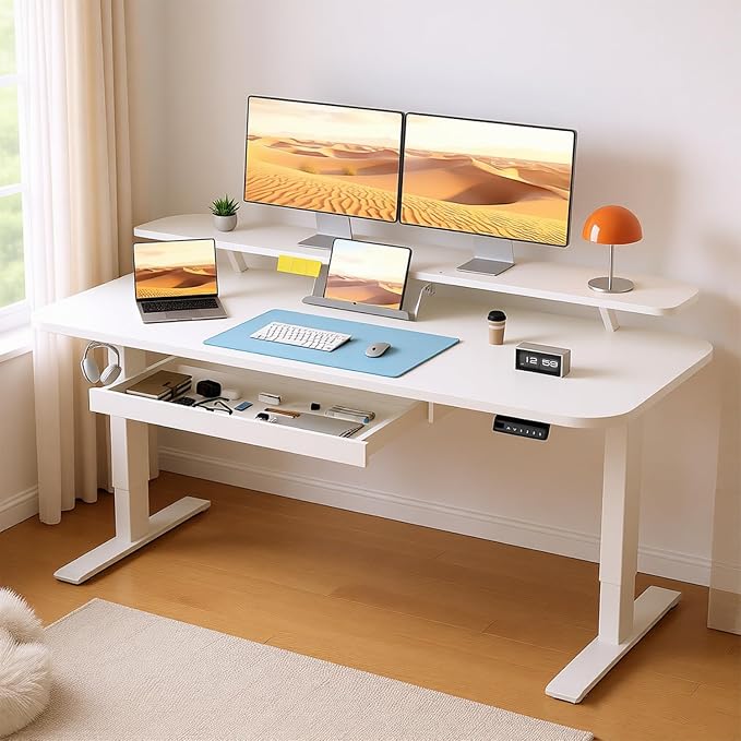 COMHOMA Electric Standing Desk with Drawers, 55 x 24 Inch Sit Stand up Desk with Monitor Stand, Laptop Stand, Height Adjustable Ergonomic Home Office Computer Desks with Memory Preset Controller by ComHoma