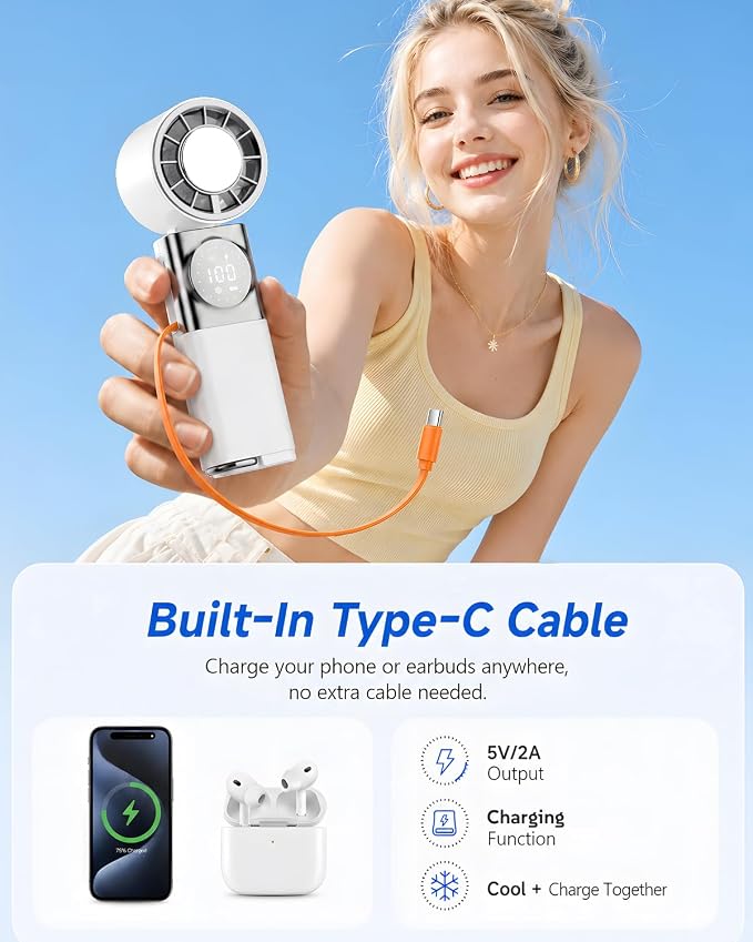 Handheld Turbo Fan 5000mAh Cooling Fan with TEC Semiconductor Fast Chilling, 5 Speeds, 135° Foldable & 360° Airflow, USB Output for Phone Charging, Portable Desktop or Neck Fan for Travel Outdoor Home - Image 4