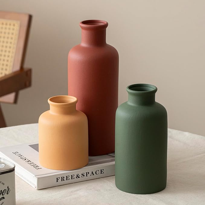 Large Modern Ceramic Vase Set of 3, Neutral Colors, Decorative Bottles for Home, Farmhouse Rustic Decor (XL Green Mix) - Image 6