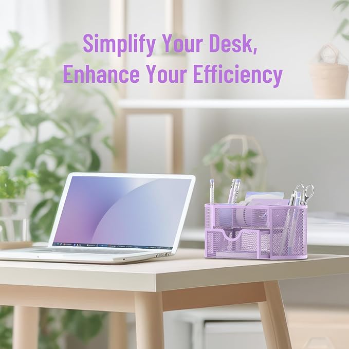 Mesh Desk Organizer with Drawer, 9-Compartment Pen Holder for Desk, Purple | Pull-Out Drawer Stores Pens, Pencils, Clips, Notes, and Small Office or School Supplies in One Compact Desk Caddy - Image 2