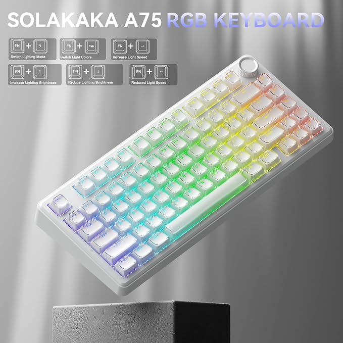 SOLAKAKA A75 Wireless Gaming Keyboard with Multifunction Knob, BT5.0/2.4GHz/USB-C, 75% Mechanical Keyboard, Hot-Swappable, Gasket Creamy Keyboard with RGB Backlit, Crystal Keycaps, for PC/Mac/PC - Image 6