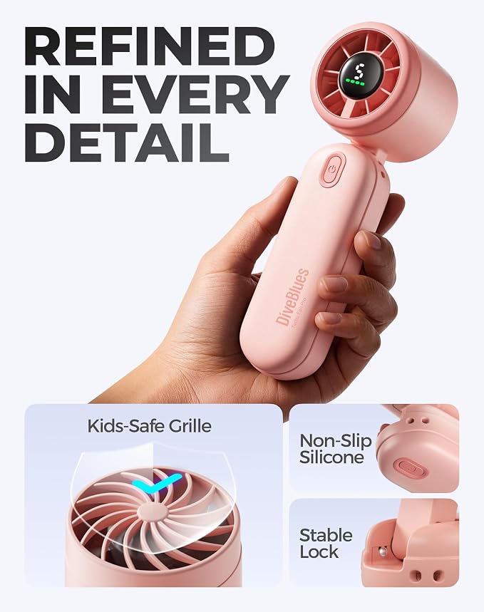 Diveblues Mini Handheld Fan, 30ft/s Portable Turbo Fan [12H Max Cooling], 4000mAh Personal Fan with LED Display, 3-in-1 Hand Held/Neck/Desk Fan for Travel, Cruise, Disney Essentials - Image 8